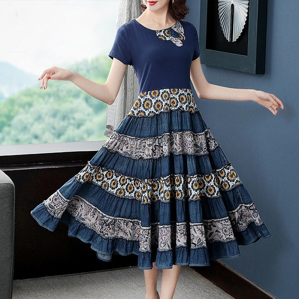 Denim Patchwork Short Sleeve Print Dresses Big Hem