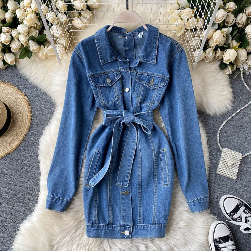 Denim Short Turn-down Collar Long Sleeve Button Slim Streetwear Dress