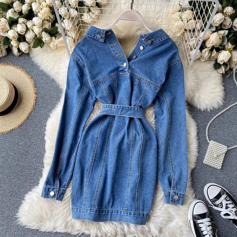 Denim Short Turn-down Collar Long Sleeve Button Slim Streetwear Dress
