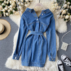 Denim Short Turn-down Collar Long Sleeve Button Slim Streetwear Dress