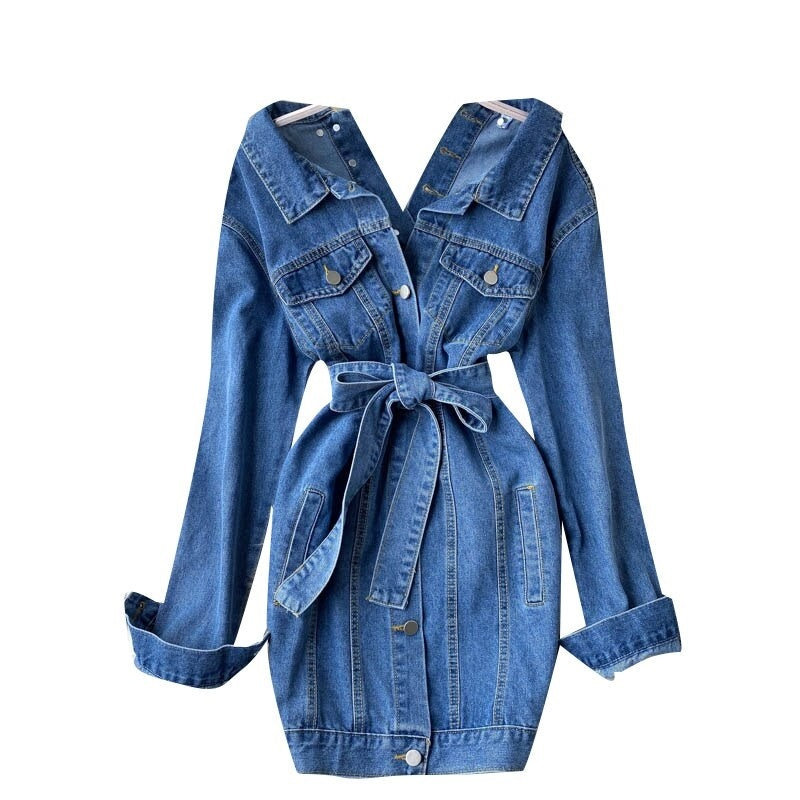 Denim Short Turn-down Collar Long Sleeve Button Slim Streetwear Dress