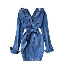 Denim Short Turn-down Collar Long Sleeve Button Slim Streetwear Dress