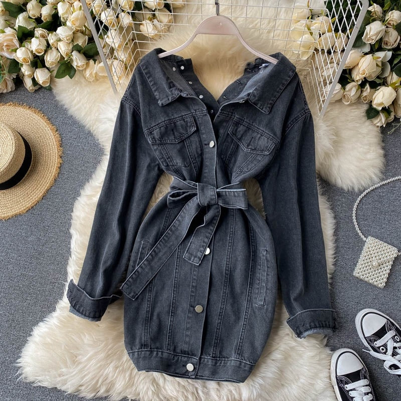 Denim Short Turn-down Collar Long Sleeve Button Slim Streetwear Dress