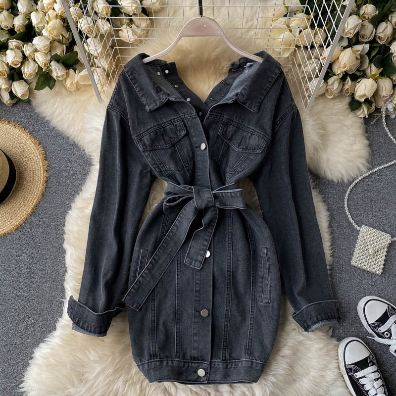 Denim Short Turn-down Collar Long Sleeve Button Slim Streetwear Dress