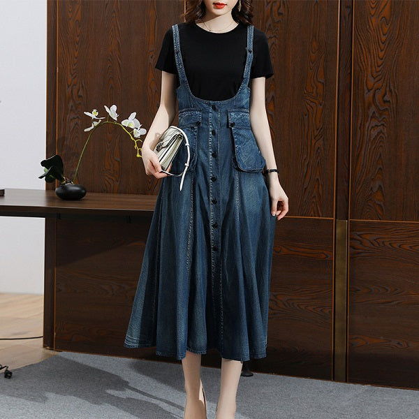 Denim Single-Breasted Sleeveless Dress With Big Pockets