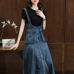 Denim Single-Breasted Sleeveless Dress With Big Pockets
