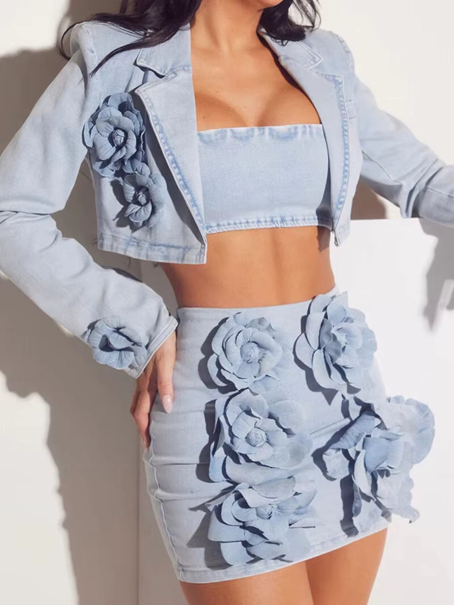 Denim Two Piece Set For Lapel Long Sleeve Coat Strapless Vest High Waist Bodycon Mini Skirt Slim Sets