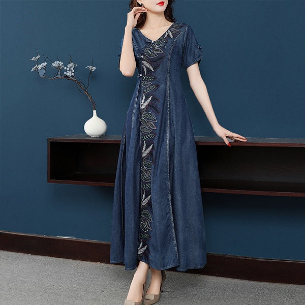 Denim V-neck Embroidery Dresses Beading Style