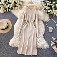 Design Off Shoulder Elastic Long Sleeve Solid Streetwear  Warm Sweater Dresses