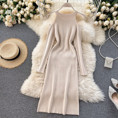Design Off Shoulder Elastic Long Sleeve Solid Streetwear  Warm Sweater Dresses