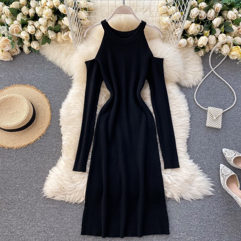 Design Off Shoulder Elastic Long Sleeve Solid Streetwear  Warm Sweater Dresses