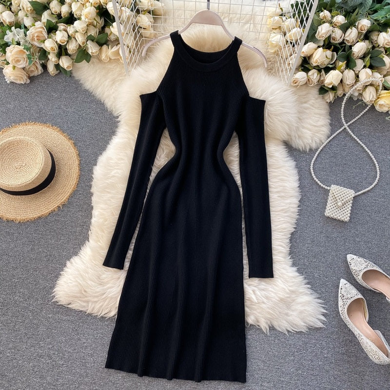 Design Off Shoulder Elastic Long Sleeve Solid Streetwear  Warm Sweater Dresses