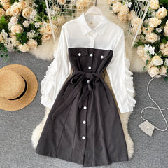 Design Splice Blouse Turn-down Collar Long Sleeve Button Street wear A-line Dress