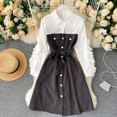 Design Splice Blouse Turn-down Collar Long Sleeve Button Street wear A-line Dress