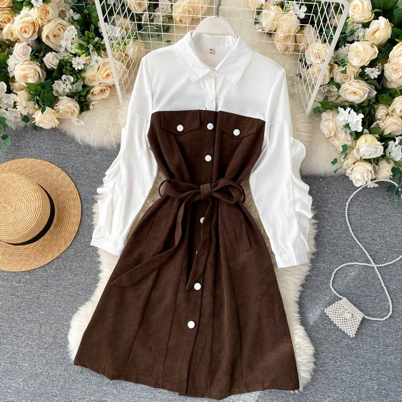 Design Splice Blouse Turn-down Collar Long Sleeve Button Street wear A-line Dress