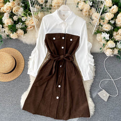 Design Splice Blouse Turn-down Collar Long Sleeve Button Street wear A-line Dress