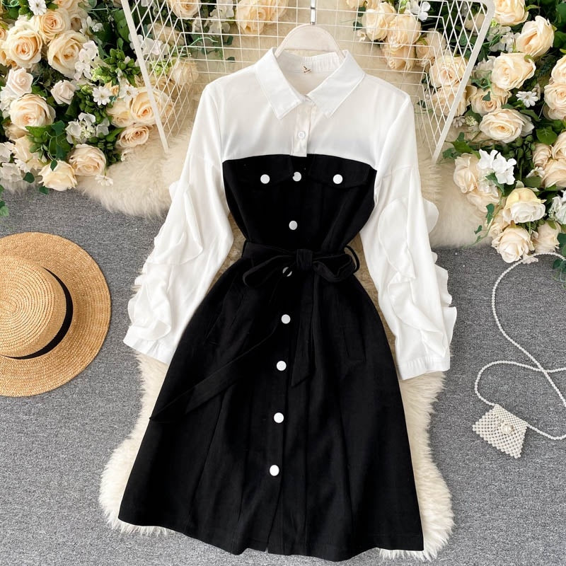 Design Splice Blouse Turn-down Collar Long Sleeve Button Street wear A-line Dress