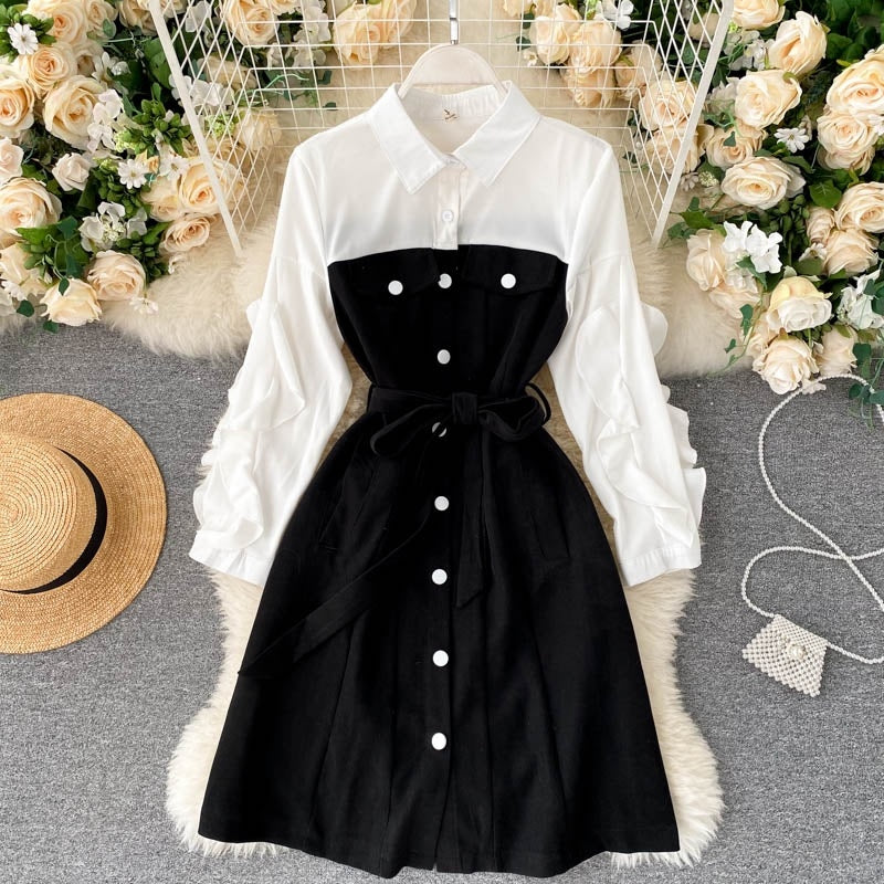 Design Splice Blouse Turn-down Collar Long Sleeve Button Street wear A-line Dress