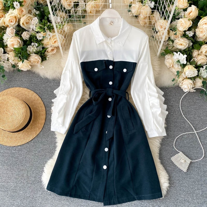 Design Splice Blouse Turn-down Collar Long Sleeve Button Street wear A-line Dress
