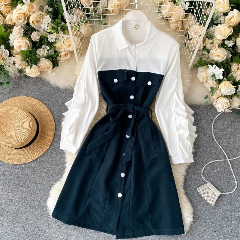 Design Splice Blouse Turn-down Collar Long Sleeve Button Street wear A-line Dress