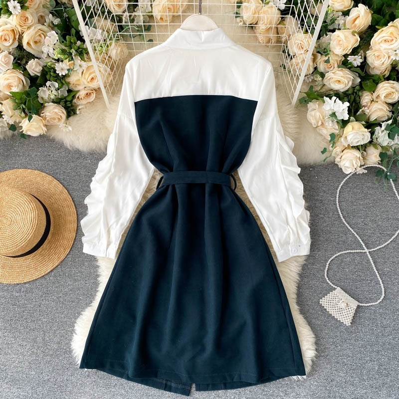 Design Splice Blouse Turn-down Collar Long Sleeve Button Street wear A-line Dress