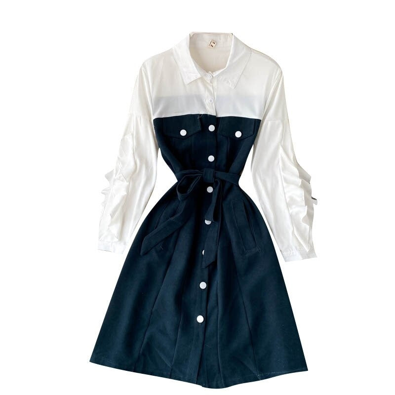 Design Splice Blouse Turn-down Collar Long Sleeve Button Street wear A-line Dress