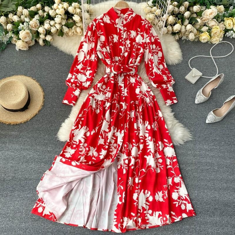 Design Stand Collar Button Wind Print Maxi Dress