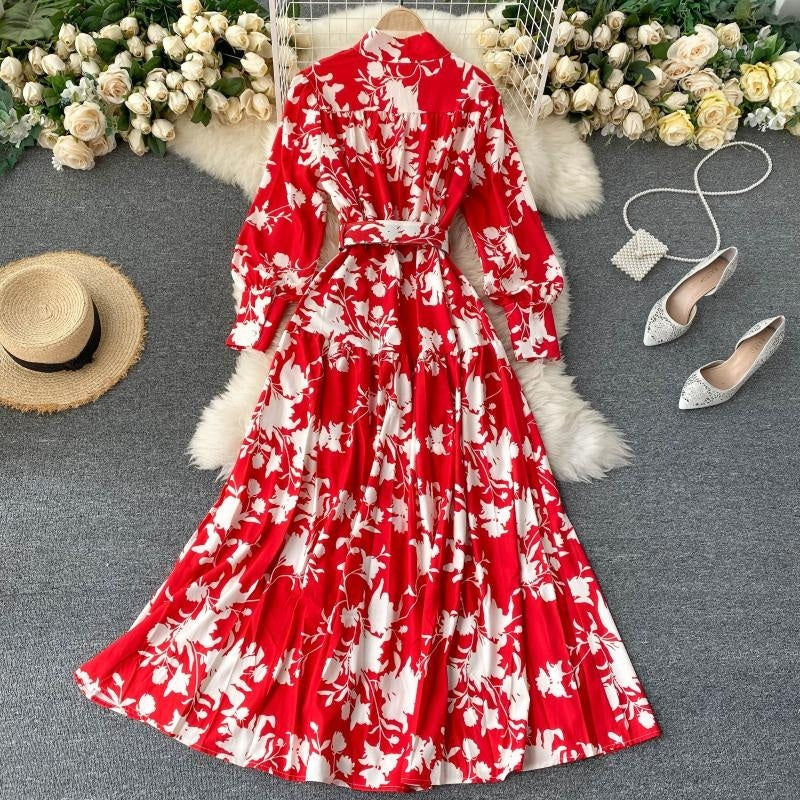 Design Stand Collar Button Wind Print Maxi Dress