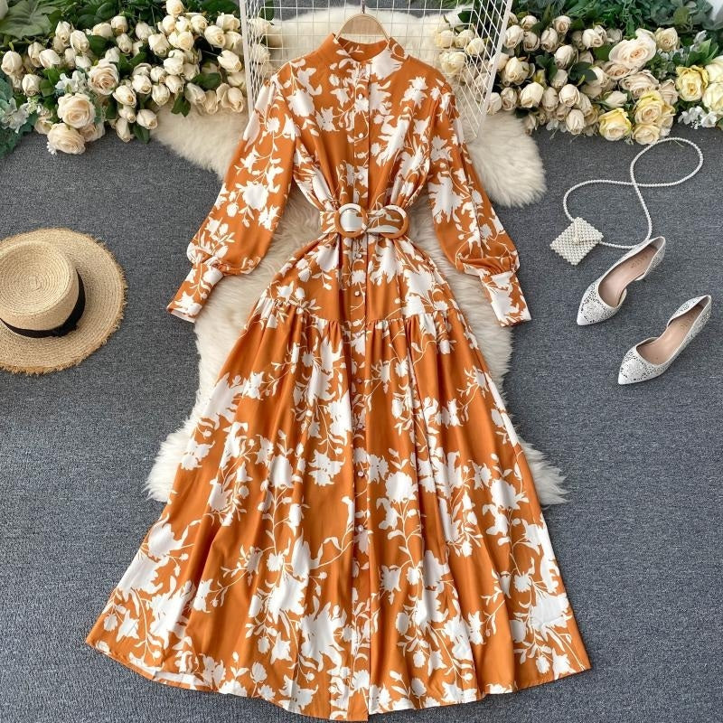 Design Stand Collar Button Wind Print Maxi Dress