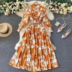 Design Stand Collar Button Wind Print Maxi Dress