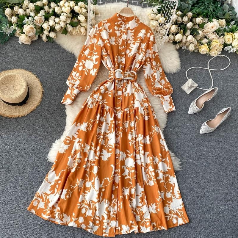Design Stand Collar Button Wind Print Maxi Dress