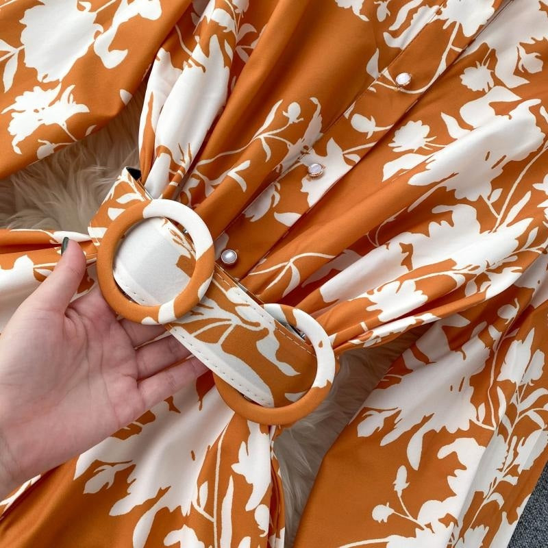 Design Stand Collar Button Wind Print Maxi Dress