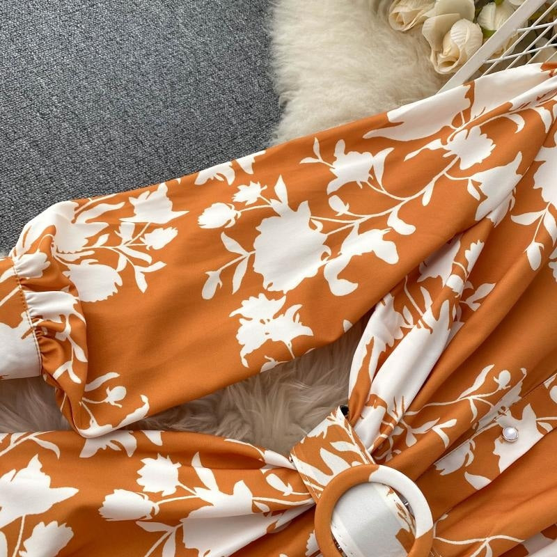 Design Stand Collar Button Wind Print Maxi Dress