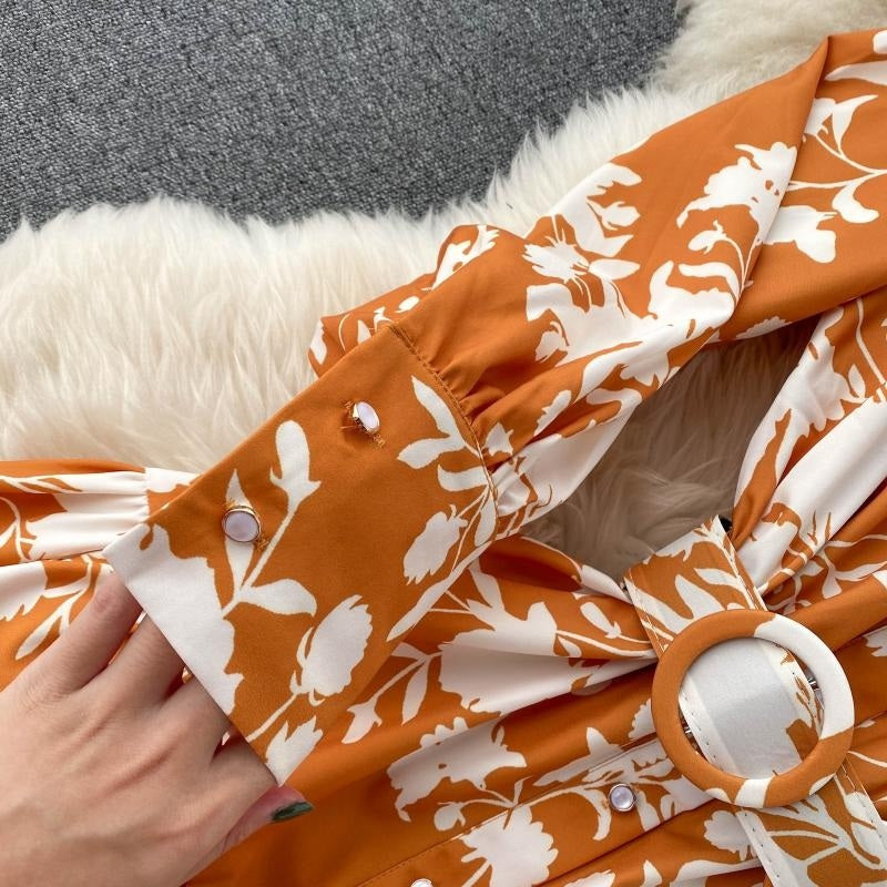 Design Stand Collar Button Wind Print Maxi Dress