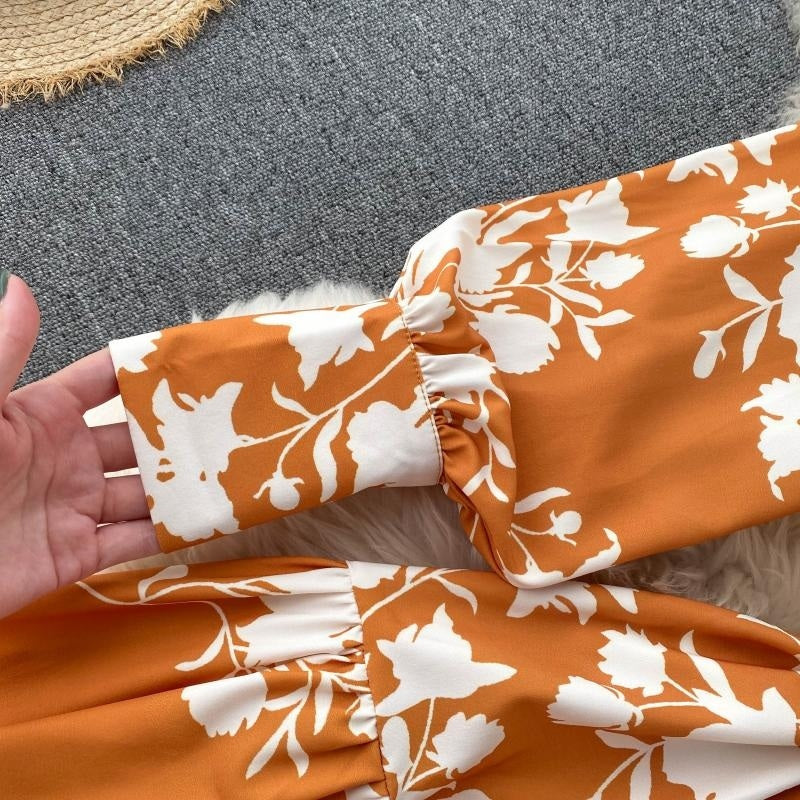 Design Stand Collar Button Wind Print Maxi Dress