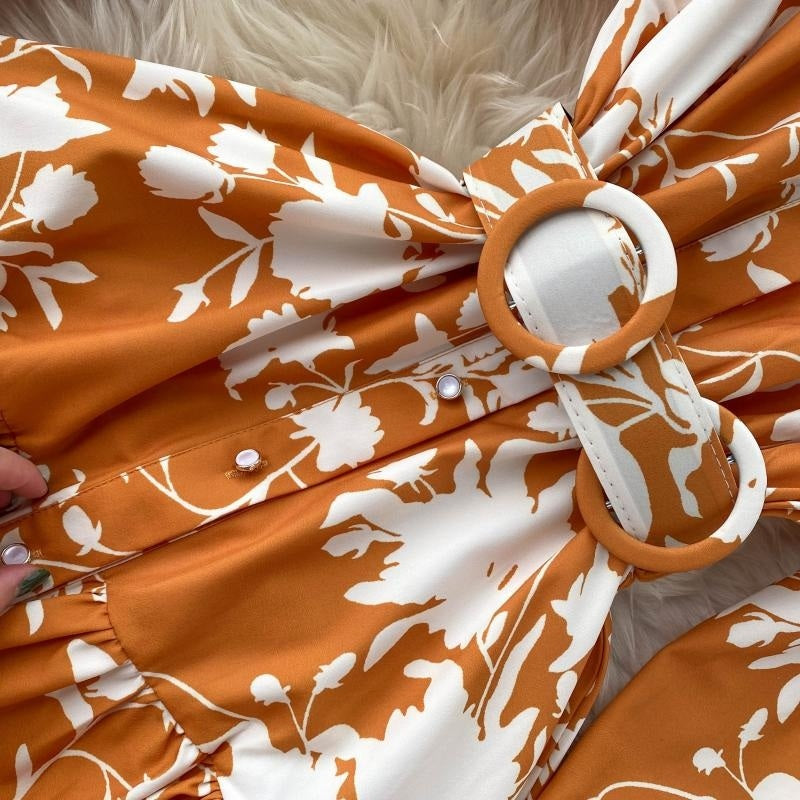 Design Stand Collar Button Wind Print Maxi Dress