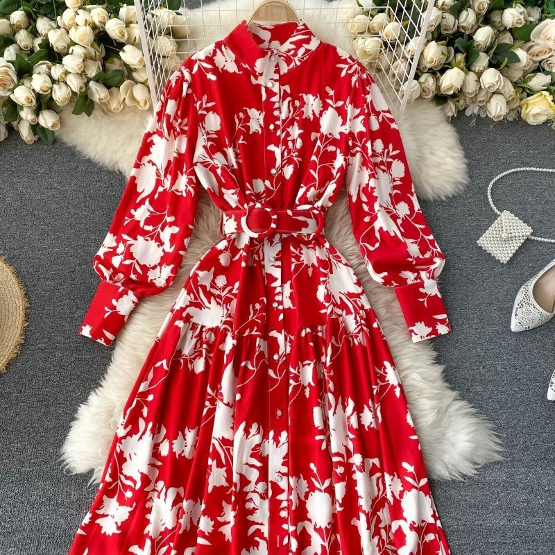 Design Stand Collar Button Wind Print Maxi Dress
