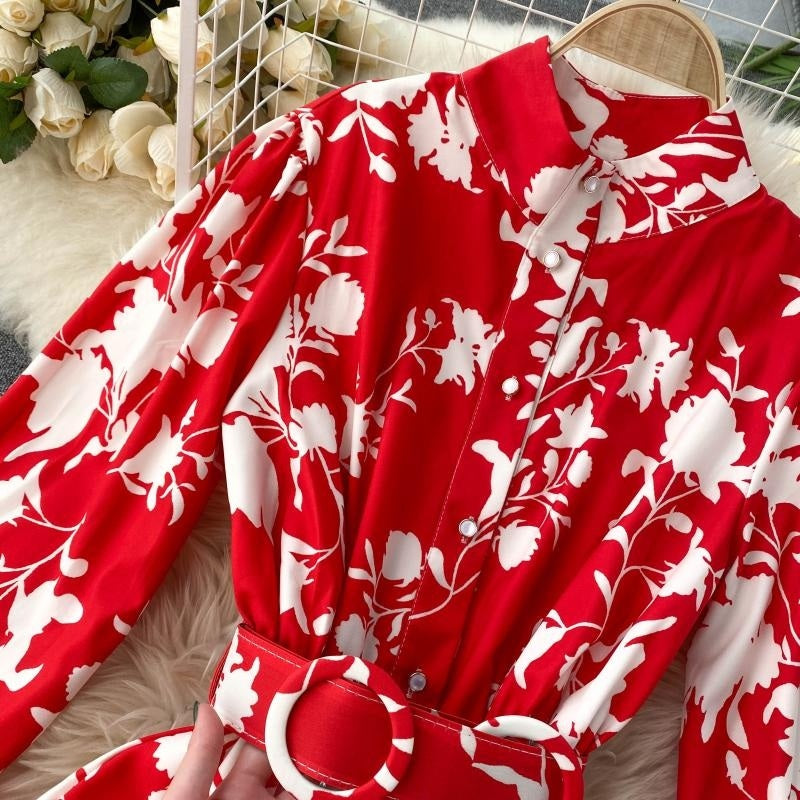 Design Stand Collar Button Wind Print Maxi Dress