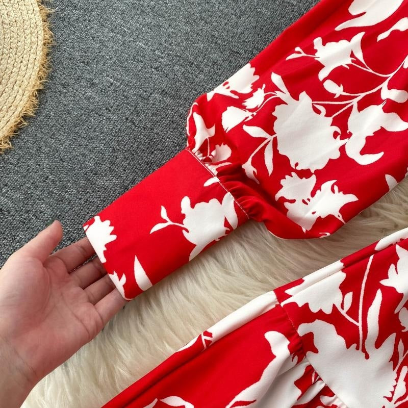Design Stand Collar Button Wind Print Maxi Dress