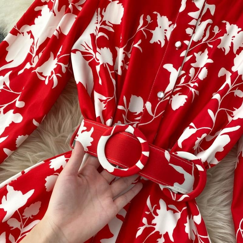 Design Stand Collar Button Wind Print Maxi Dress