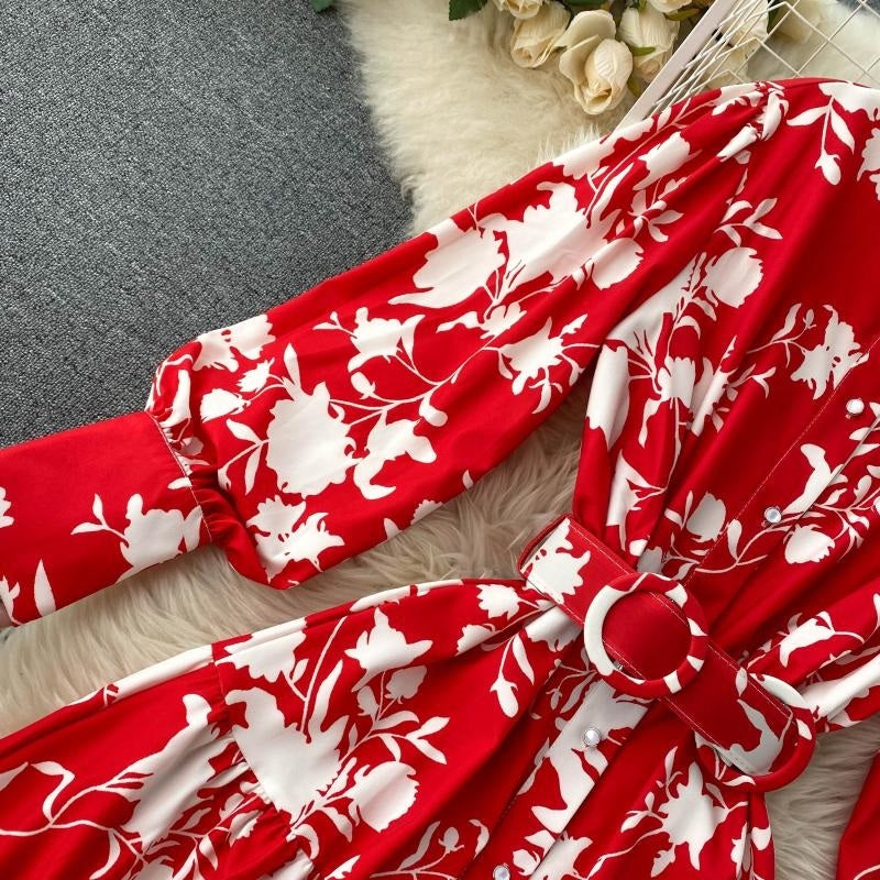 Design Stand Collar Button Wind Print Maxi Dress