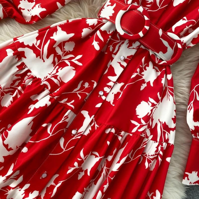 Design Stand Collar Button Wind Print Maxi Dress