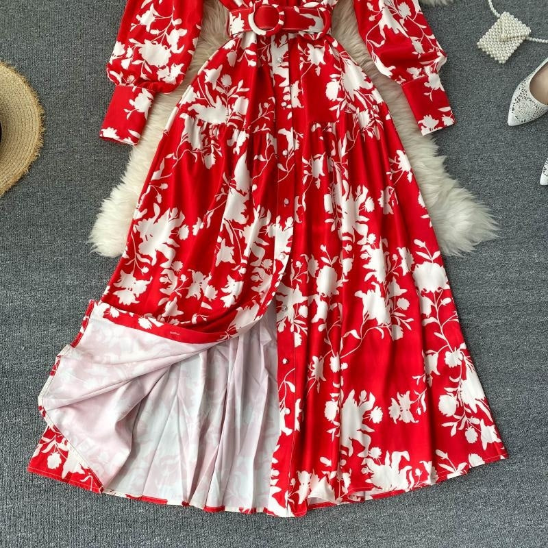 Design Stand Collar Button Wind Print Maxi Dress