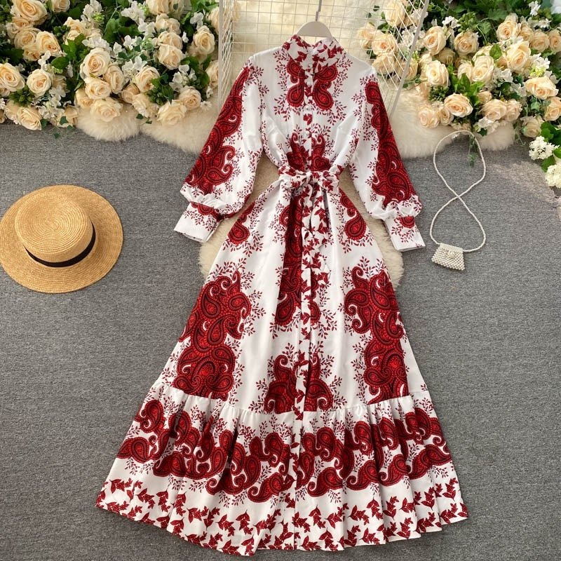 Design Stand Collar Long Sleeve A-line Split Streetwear Long Print Maxi Dress