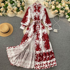 Design Stand Collar Long Sleeve A-line Split Streetwear Long Print Maxi Dress