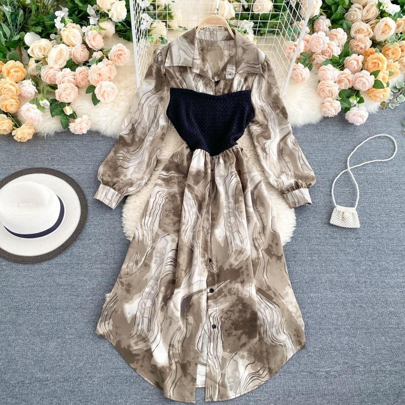 Design Turn-down Collar Long Sleeve Button Splice Dress