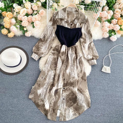 Design Turn-down Collar Long Sleeve Button Splice Dress