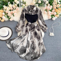 Design Turn-down Collar Long Sleeve Button Splice Dress