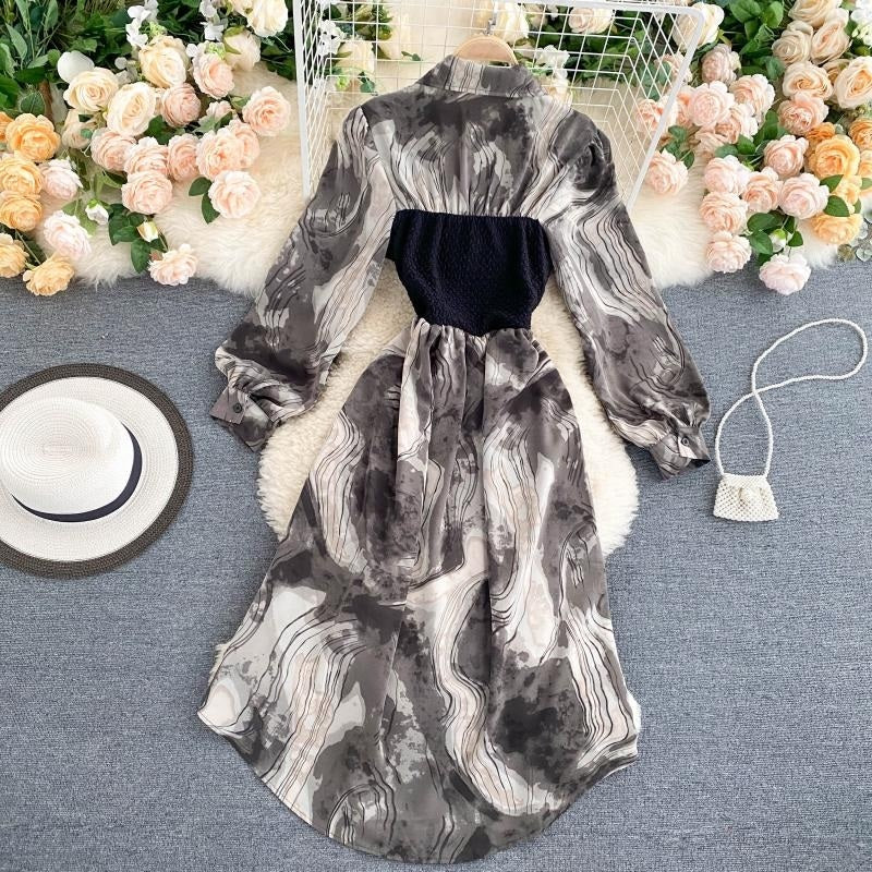 Design Turn-down Collar Long Sleeve Button Splice Dress