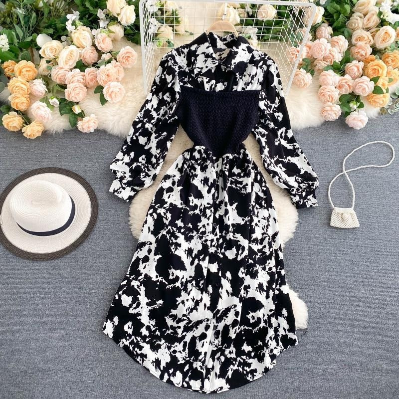 Design Turn-down Collar Long Sleeve Button Splice Dress